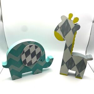Pair Painted Wood Block Animals Nursery Decor Giraffe Elephant